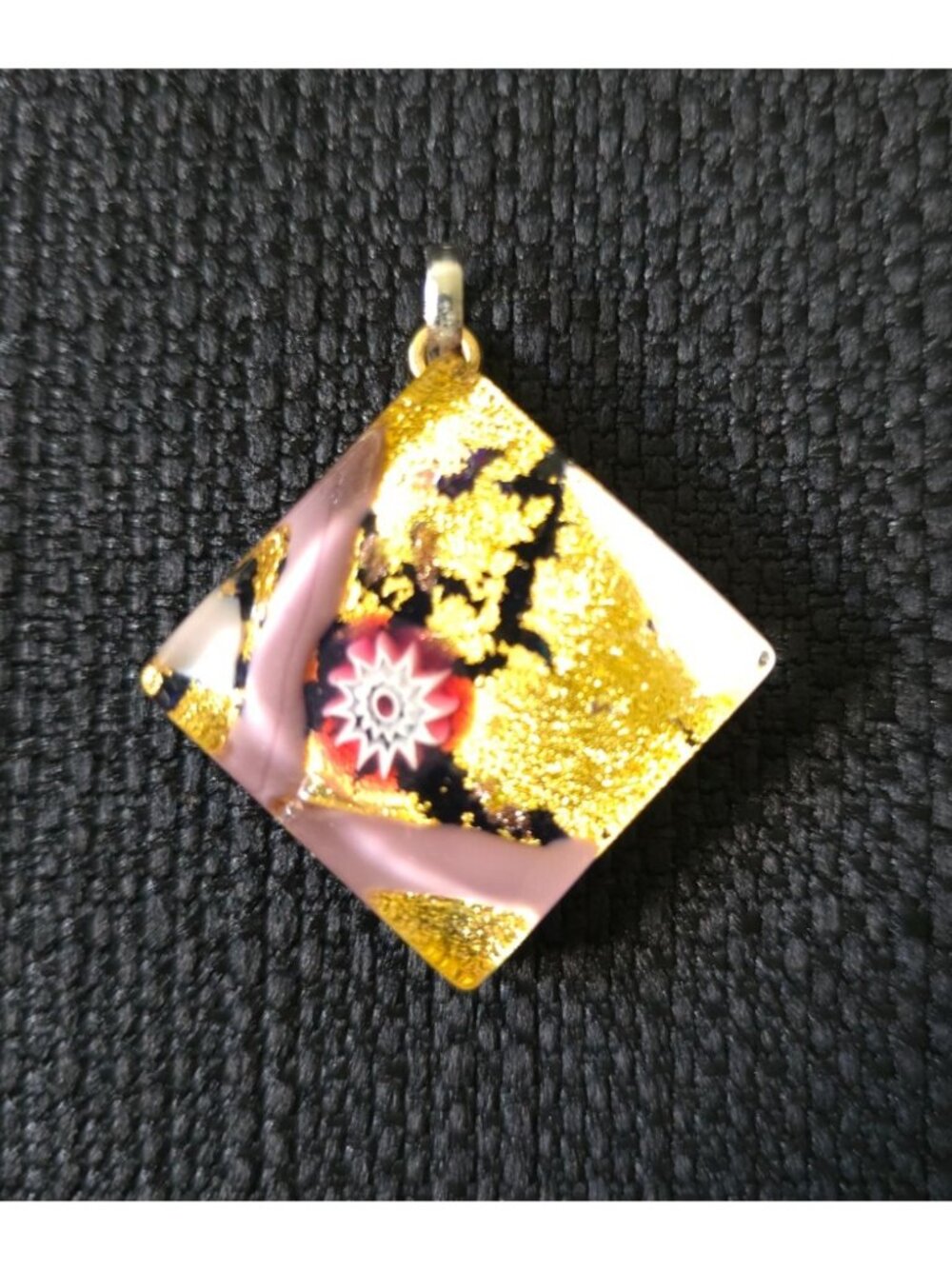 Murano Italian Glass Millefiori Pendant Gold Leaf & Floral Abstract Design - Picture 2 of 6